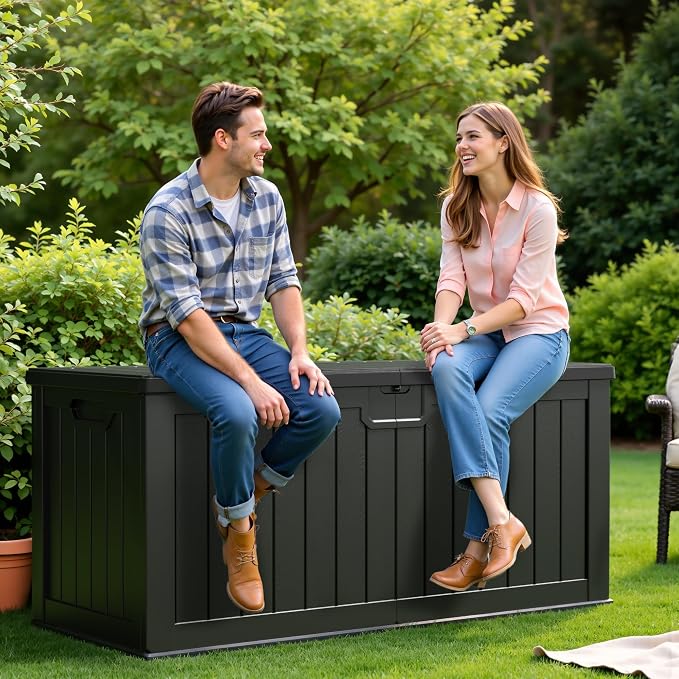 Flamaker Resin Deck Box 250 Gallon, Waterproof Imitation-Wood Lockable Storage Box with Separator Plate Outdoor Indoor, Garden, Patio Furniture for Tools&Pool Accessories (Black)