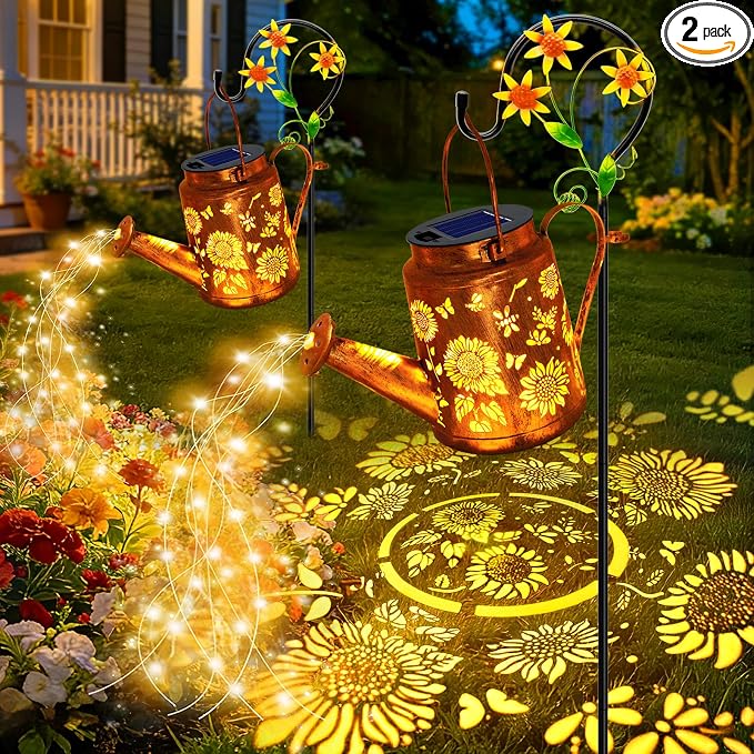 ANGMLN 2 Pack Solar Lights Outdoor Waterproof, Sunflower Solar Watering Can Lights with Shepherd Hook, Birthday Gifts for Mom Grandma Women, Metal Hanging Lantern Garden Decor Yard Outside Patio