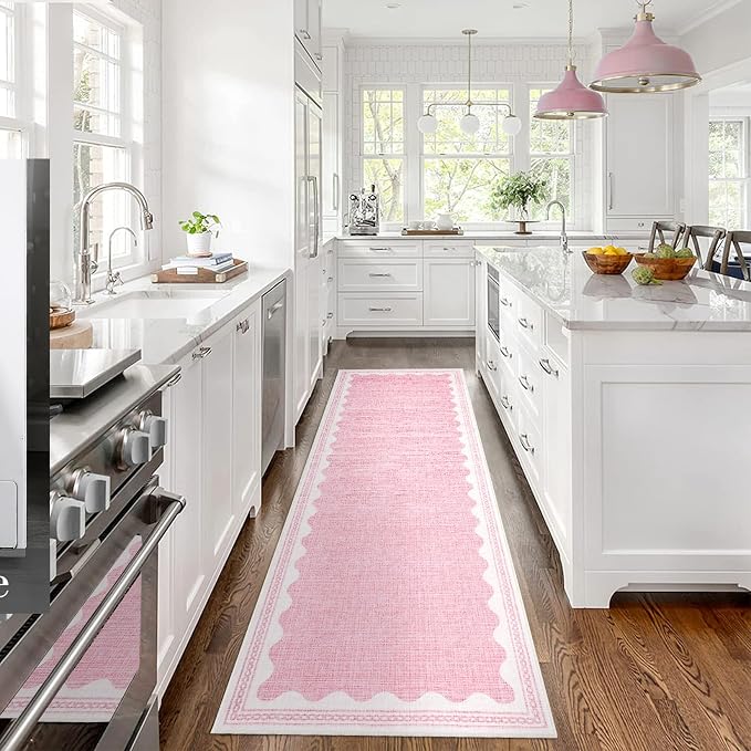2.5x8 Scalloped Runners Pink Washable Hallways Bedroom Rug | Solid Non Slip Scalloped Bath Runner, Rugs for Bedroom Girls, Rugs for Kitchen Floor Soft Dorm Nursery Carpet for Bedside