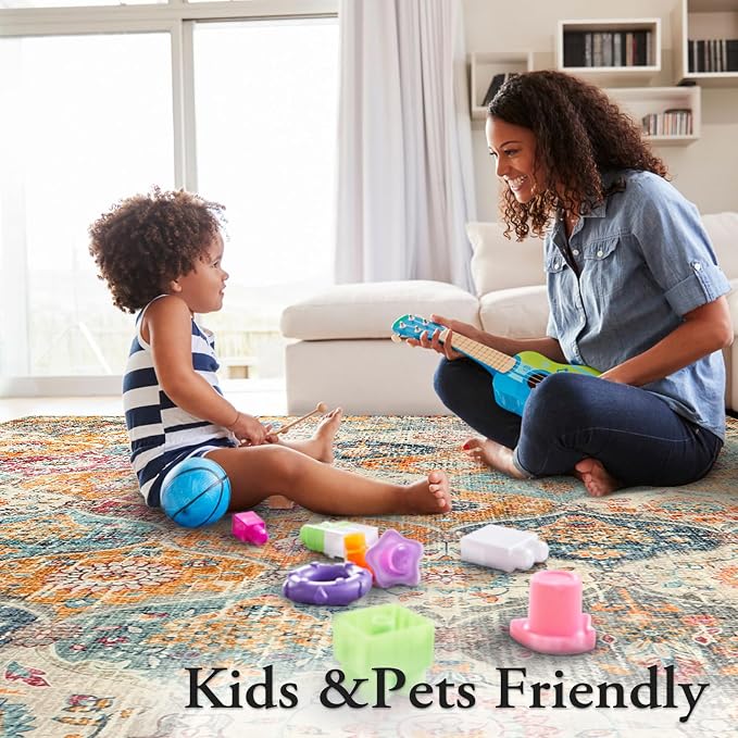 Lahome Moroccan Washable Area Rugs 8x10, 8x10 Rugs for Living Room Bedroom, Non Slip Low Pile Distressed Stain Resistant Rug for Kids Pets High Traffic Areas Elise, Burnt Orange