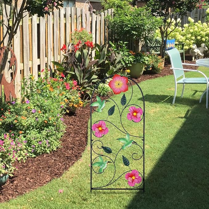 YEAHOME Garden Decor for Outside, 33" Hummingbird Decorative Garden Stakes with Pink Flowers for Spring Garden Decor, Metal Yard Art for Outdoor Lawn Backyard Porch Decorations