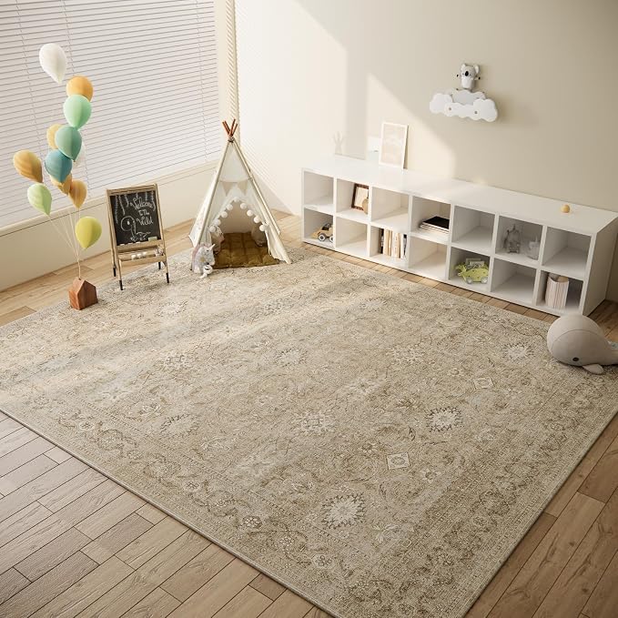 8x10 Area Rugs for Living Room: Washable Rugs for Bedroom Non Slip Low Pile Soft Faux Wool Non Shedding Vintage Large Area Rug for Dining Room Kitchen Nursery Under Table Farmhouse Home Office Indoor