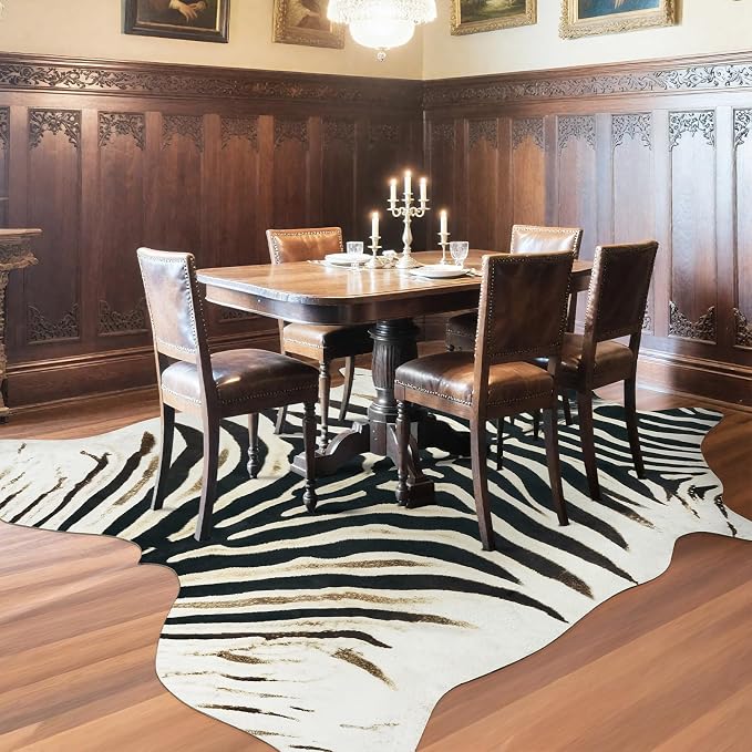 AROGAN Western Faux Zebra Rug, Sturdy Zebra Hide Rugs, Non-Slip 4.6x5.2 Ft | Premium Animal Skin Print Rug for Wall Decor, Western Floor Carpet for Bedroom Living Room, Black and White