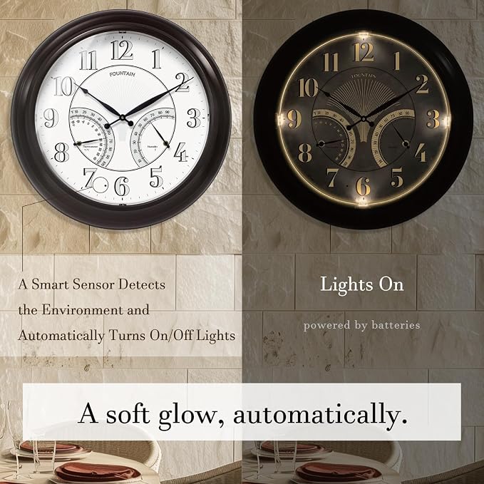24" Jameson in/Outdoor Lighted Clock, Self-Illuminated, Waterproof, 3 in 1 Weather Station (Thermometer & Hygrometer), Metal Clock, Oil Rubbed Bronze Finish(Night Light)
