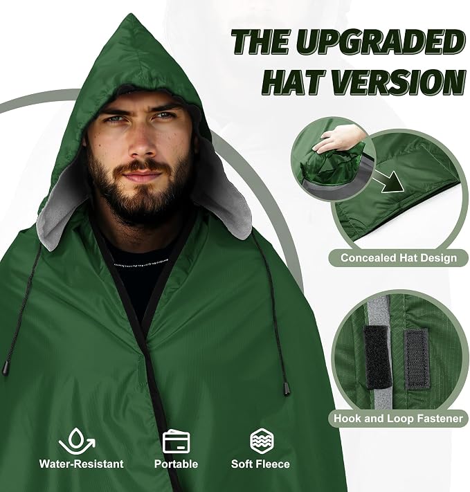 Large Waterproof Outdoor Picnic Blanket 80"x 58" | Windproof Lightweight Stadium Blanket, Packable, Stay Dry and Comfortable for Camping, Sports, Travel - Green Hooded