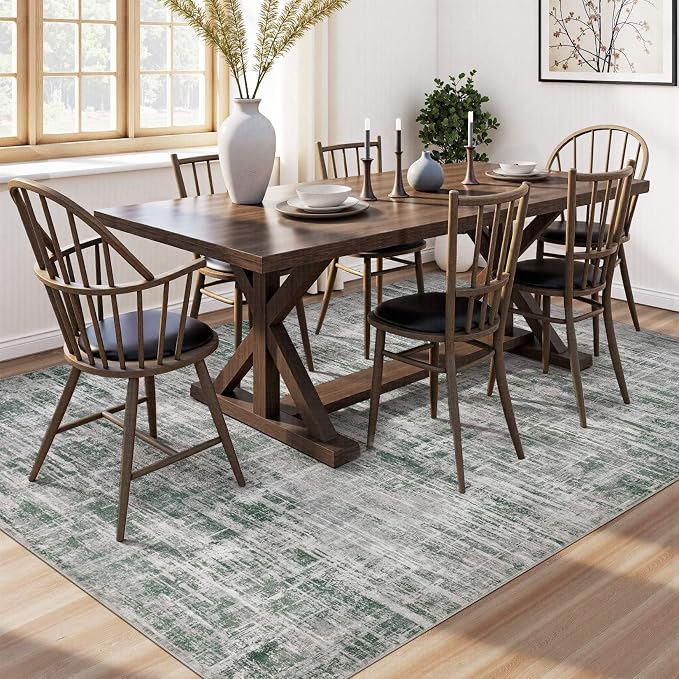UERMEI 5x7 Area Rug for Living Room Washable Abstract Grey/Green Carpet | Low Pile Non-Slip Soft Neutral Modern Kid Pet Friendly Large Rugs For Bedroom Dining Room Nursery Office Indoor Decor