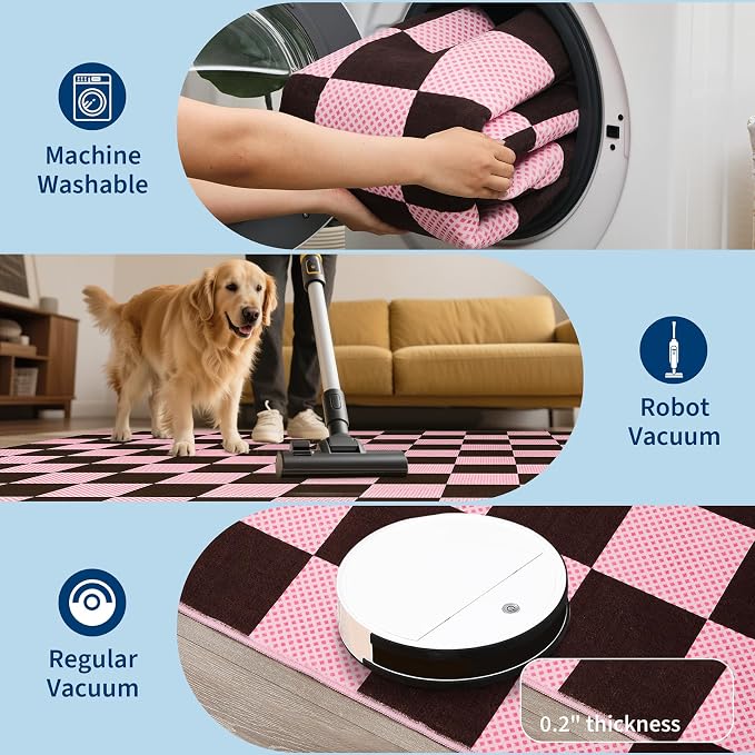 GarveeHome Checkered Brown Pink 2x3 Washable Rug Low-Pile Room Door Mat | Brown Pink Soft Stain Resistant Boys Rug for Entryway Bedroom Bathroom Kitchen Non-Slip Geometric Modern Rug TPE Backing