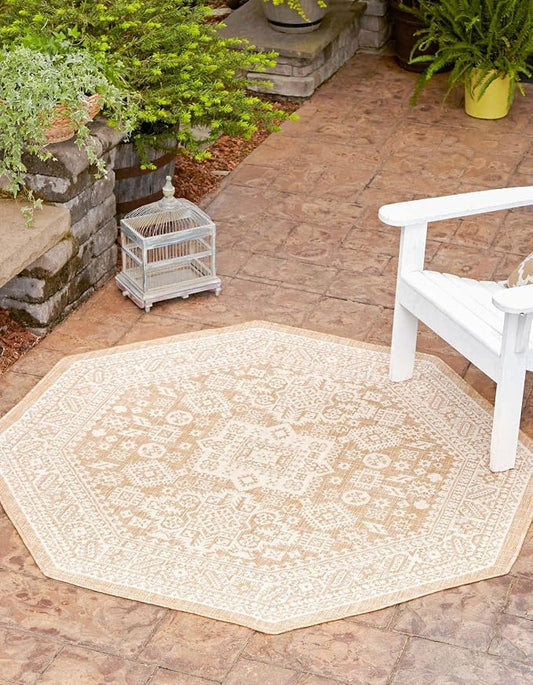 Unique Loom Outdoor Aztec Collection Area Rug - Chalca (7' 10" Octagon, Natural/ Ivory)