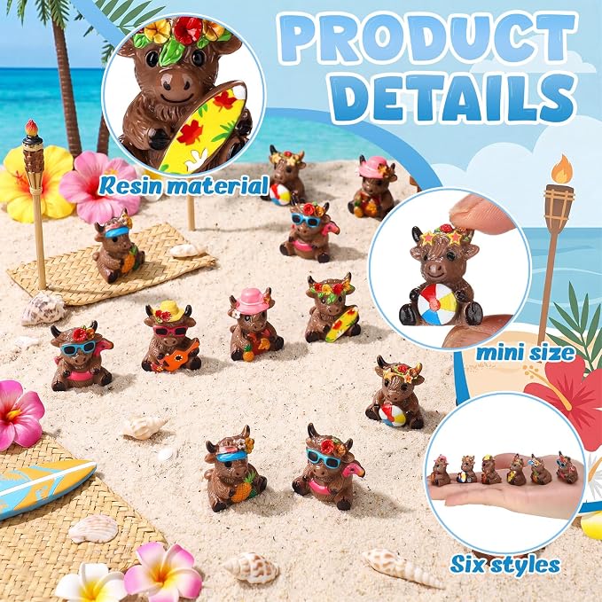 Yaomiao 60 Pcs Mini Highland Cow Figurines Resin Hawaii Highland Cow Figurines Summer Miniature Resin Gift Hawaii Decorations for Beach Hawaiian Party Favor Gift Tiered Tray Decor