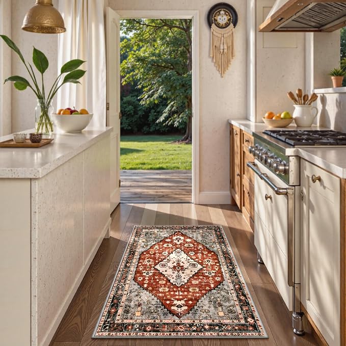 Lahome Felice Boho Tribal Area Rug - 3x5 Red Rugs for Entryway, Bedroom Throw Rugs with Rubber Backing Washable, Vintage Non Slip Mat Soft Carpet for Office Kitchen Foyer Entrance Living Room