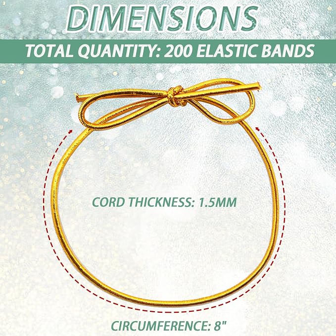 FQTANJU 200 Pcs 8 Inch Gold Stretch Loops with Pre Tied Bows Metallic Elastic Ribbon String Gold Elastic Cord for Gift Wrapping Crafts Tags Gift Boxes Bow