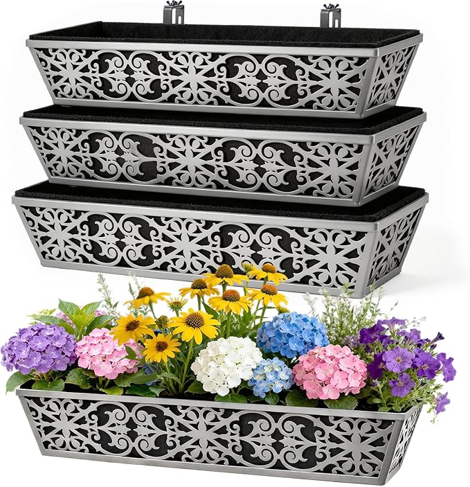 4 Pack 30 Inch Window Boxes Planter for Outdoor Plants Deck Railing Planters Box with Adjustable Brackets for Porch Fence Balcony Hanging Flower Baskets with Non-Woven Fabric Liner for Garden Décor