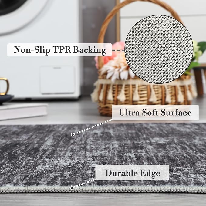 GarveeHome Bathroom Runner Rug 2x6 Machine Washable Area Rugs for Kitchen Floor Modern Solid Color Throw Rug with Non Slip Backing, Non Shedding Low Pile Floor Cover for Laundry Room, Dark Grey