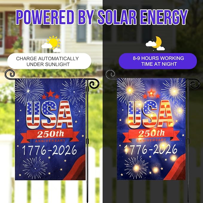 250 Anniversary USA Garden Flags-1776-2026 Double Side 12x18 Inch Patriotic 4th of July Decorations for Outside Flags with Lights- Solar LED Burlap US Flag for Memorial Day Decorations