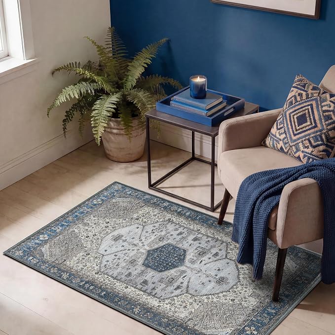 Keen Home Design Vintage Washable Entryway Rug, Non-Slip Low Pile, 2x3 | Machine Washable Cotton Chenille, 0.25In Low Pile, Rubber Non-Slip Back; Kitchen, Entryway, Bathroom, Bedside