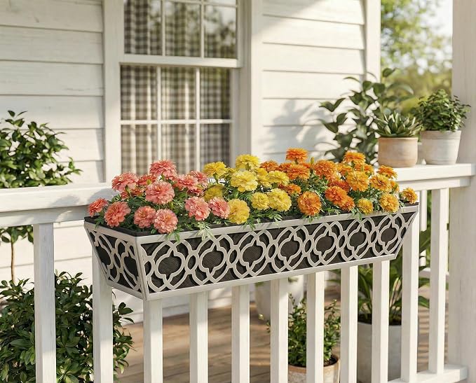 Y&M 2Pack 30'' Metal Railing Planter Box with Black Non-Woven Fabric Liner, Flower Boxes with Adjustable Brackets, Large Hanging Window Boxes for Fence, Deck, Balcony, and Garden - Gray 2p