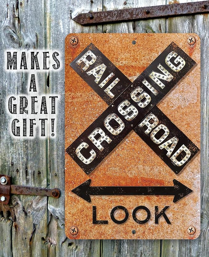Railroad Crossing Sign - Rustic Train Terminal Decor, Vintage Railway Xing Signage for Bedroom or Man Cave, Nostalgic Street Sign and Gift Idea, Use Indoor or Outdoor Metal Sign 12x18