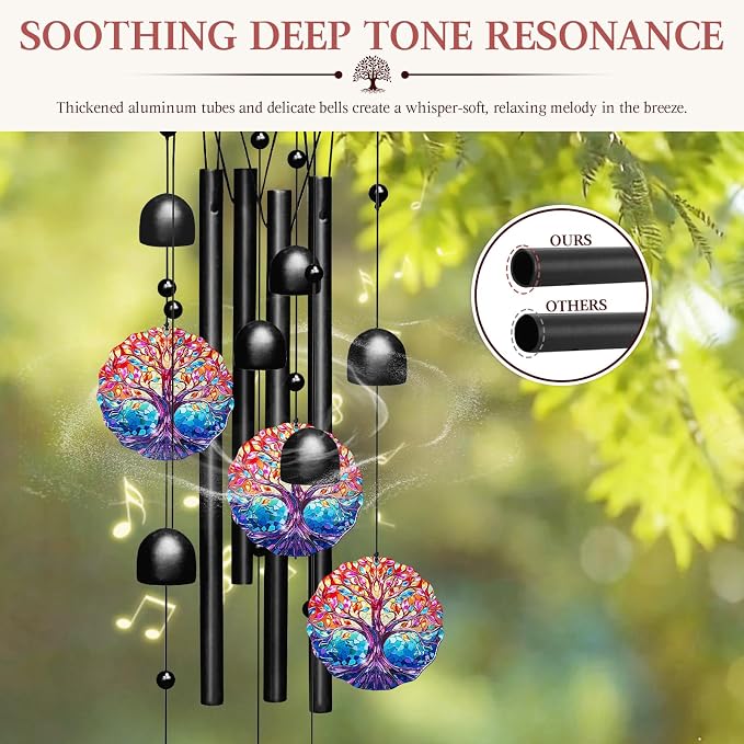 Tree of Life Wind Chimes for Outside,Soft Tone Metal Windchimes with Bells, Colorful Family Tree Decor for Garden Yard Patio,Memorial Sympathy Gifts for Women Mom in Gift Box