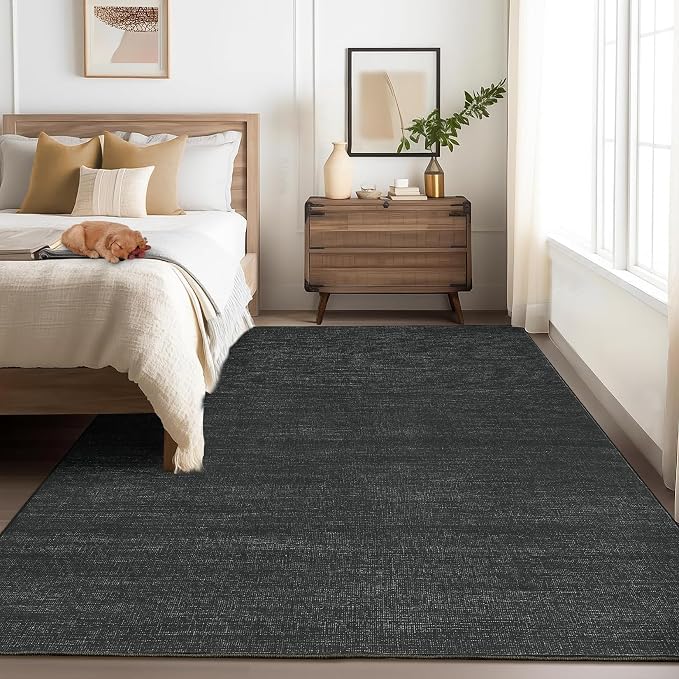 Garvee 10x13 Black Rug for Living Room Modern Solid Color Washable Rug | Non Slip Backing Non Shedding Stain Resistant Low Pile Ultra Soft Thin Foldable Rug for Bedroom Nursery Dining Room