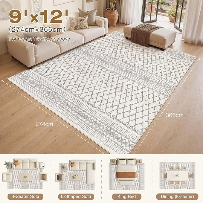 cotiled Boho 9x12 Area Rug for Living Room: Large Moroccan Washable Rug | Solve Modern Neutral Trendy Home Decor - Stain Resistan Carpet for Bedroom Farmhouse Dining Room Beige Gray