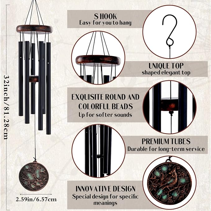 Butterfly Wind Chimes for Outside - Vintage Deep Tone Windchimes Indoor Outdoor Patio Garden Yard Porch Balcony Hanging Decoration Memorial Birthday Gifts for Women Mom Grandma Wife
