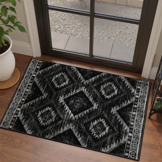 2'x3' Washable Samll Rug for Living Room Black | Western No Slip Low Pile Print Foldable Indoor Small Rug for Kitchen entryway doormat
