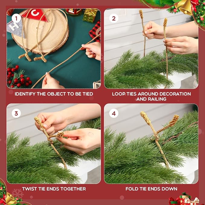 Zhengmy 24 Pcs 30 Inch Christmas Garland Ties Decorative Twist Ties for Banister Reusable Flexible Twist for Stairway Christmas Garland Hanger Xmas Railing Decor Holiday Craft Wrapping(Gold)