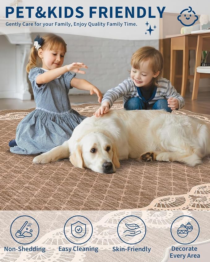 Garvee Scalloped Washable Rug 9x12 Rugs for Living Room Large Rug Camel | Soft Non Slip Rugs for Bedroom, Low Pile Neutral Rug, Stain Resistant Foldable Carpet for Playroom Dorm, Farmhouse Rugs