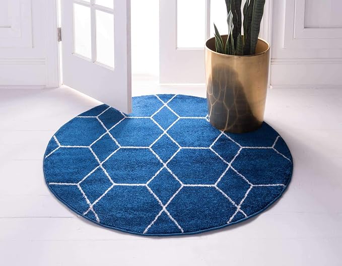 Unique Loom Trellis Frieze Collection Area Rug - Geometric (3' Round, Navy Blue/ Ivory)