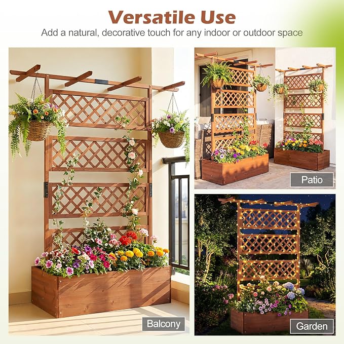 Giantex Raised Garden Bed with Trellis, 72'' Wooden Planter Box Outdoor w/Privacy Screen Roof, Large Vertical Garden Planter w/Drainage Holes for Climbing Plants, Patio Balcony Backyard