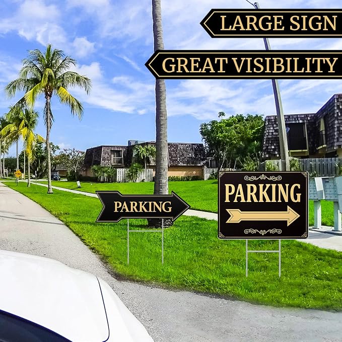 Menkxi 10 Pcs Wedding Parking Sign with Stake, Double-sided Parking Direction Signs, Corrugated Plastic Black & Gold Yard Signages for Party Outdoor Events – Includes 17" x 6" and 12" x 16" Sizes