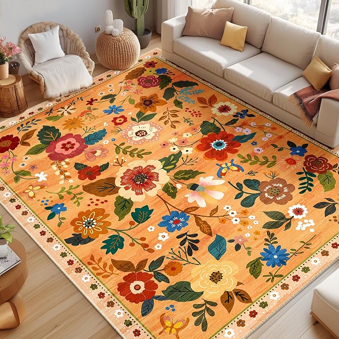 RELEANY Floral Washable 9x12 Area Rugs Orange/Yellow/Red | Flower Carpet, Print, Boho, Non-Slip, Easy to Clean, Soft, Low Pile for Living Room Bedroom Kitchen Office Entryway Hallway