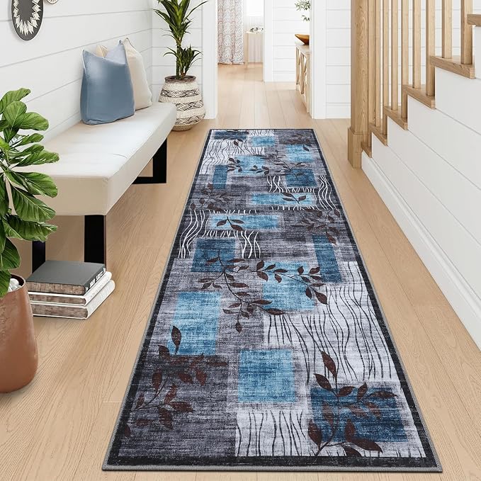 GarveeHome Washable Runner Rug 2x6 Modern Floral Rug Geometric Runners Grey Hallway Runner Carpet Soft Kitchen Low-Pile Bathroom Mat for Bedroom Laundry Hallway 2x6