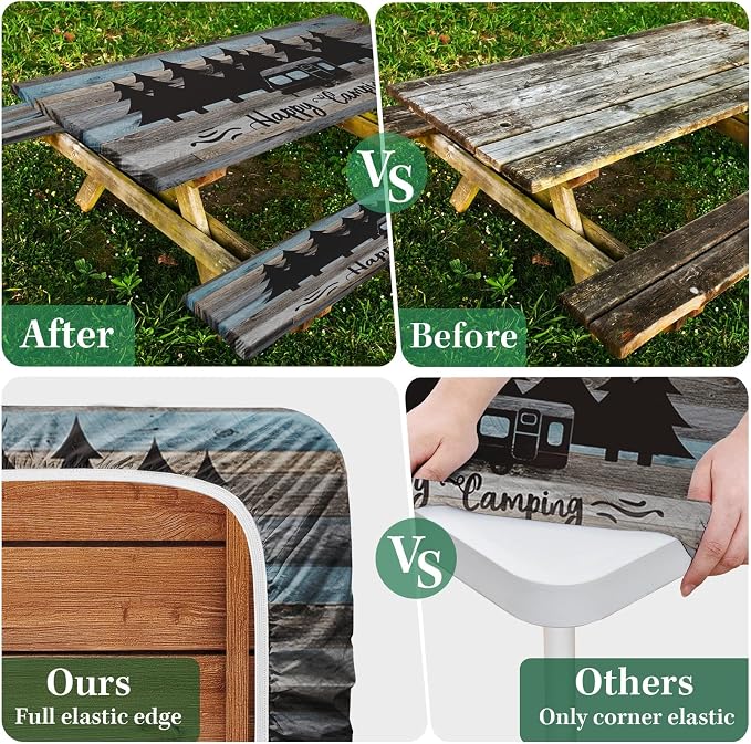Picnic Table Cover with Bench Covers Elastic Edges, Blue Camper Fitted Table Cover, Outdoor Patio Camping Essentials 72 Inch 3PCS, Waterproof Camping Fitted Tablecloth with Drawstring Bag