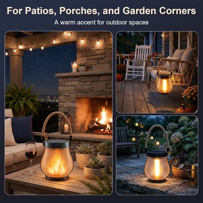 Solar Lanterns Outdoor Waterproof 2 Pack, Outdoor Solar Lanterns with Flickering Flame Effect, USB-C & Solar Charging, Auto Dusk to Dawn, Hanging Light for Garden Patio Yard