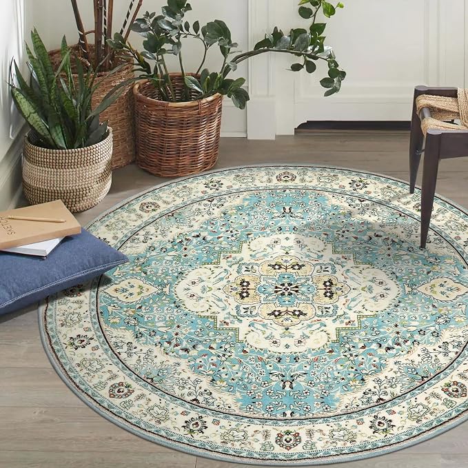 Lahome Felice Floral Medallion Round Rug - 4Ft Distressed Round Entrance Area Rug, Soft Non-Slip Machine Washable Foyer Mat Indoor Floor Office Chair Carpet for Playroom Recliner Nursery