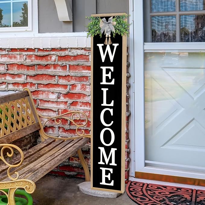 Welcome Sign for Front Porch Standing 45"X9" Large Vertical Farmhouse Outside Front Door Sign Leaner Tall Vintage Outdoor Wreath Patio Garden Wood Framed Decorations (Wood Black)