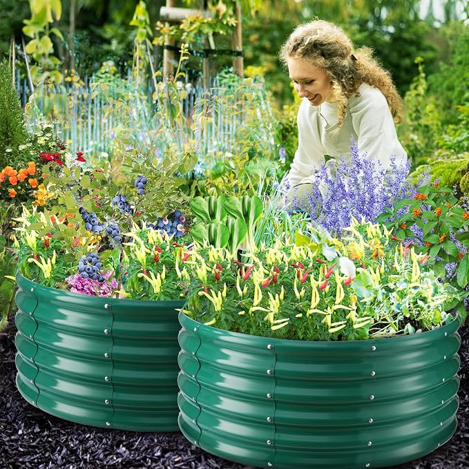 YSEJOMP 17" Tall Round Outdoor Garden Raised Garden Bed Kits-0.8MM Thick Metal Raised Planter Bed/Ground Planter Box for Variety of Flowers,Herbs,Vegetables,Trees (Dark Green, 40 Dia X 16.5 inches)