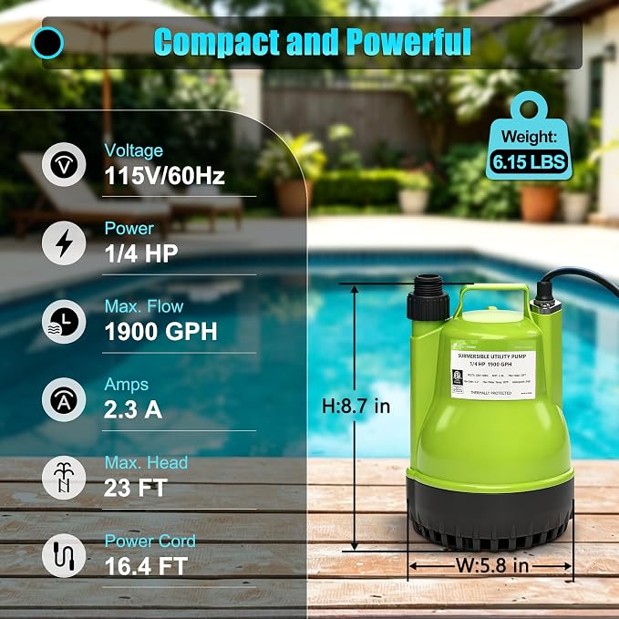 FLUENTPOWER 1/4HP Utility Pump 1900GPH Portable Submersible Sump Pump, Manual Control with 16.4 Ft Cord for Draining Water from Pool Pond Garden Hot Tub Basement Tankless Heater Liquids