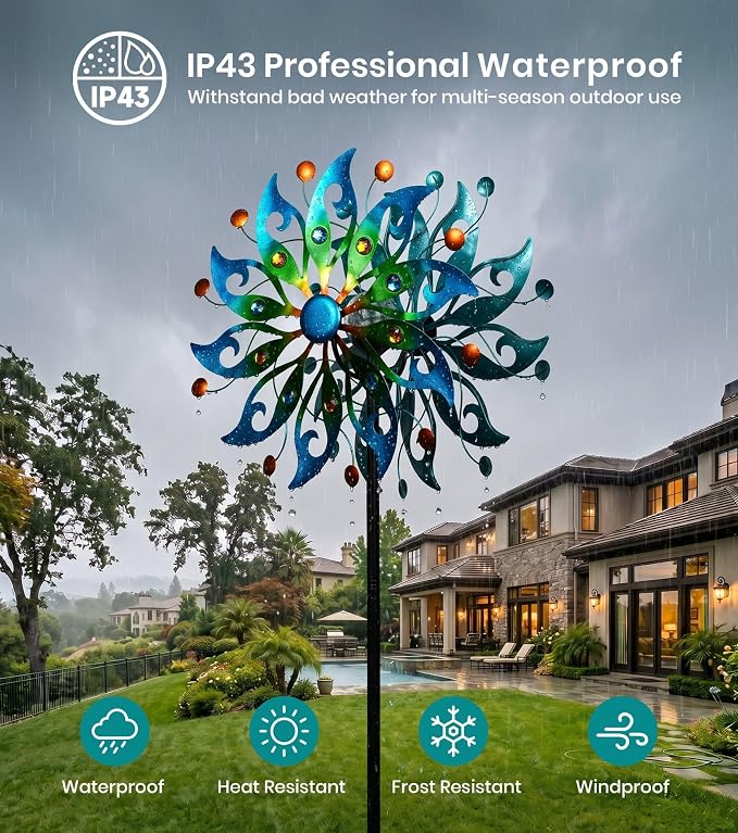 87" Large Solar Wind Spinners Outdoor, Peacock Metal Garden Decor | Handcrafted,Large,Solar-Powered Color-Changing,Rust-Proof,Weather-Resistant,Heavy-Duty,Tool-Free Assembly,Peacock