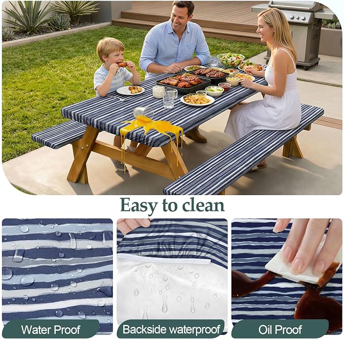 Play Tailor Picnic Table Cover with Bench Covers Camping Essentials Waterproof Windproof Camping Tablecloth with Drawstring Bag, Fitted Rectangle Tables and Seats, 72in, Navy Blue Stripes