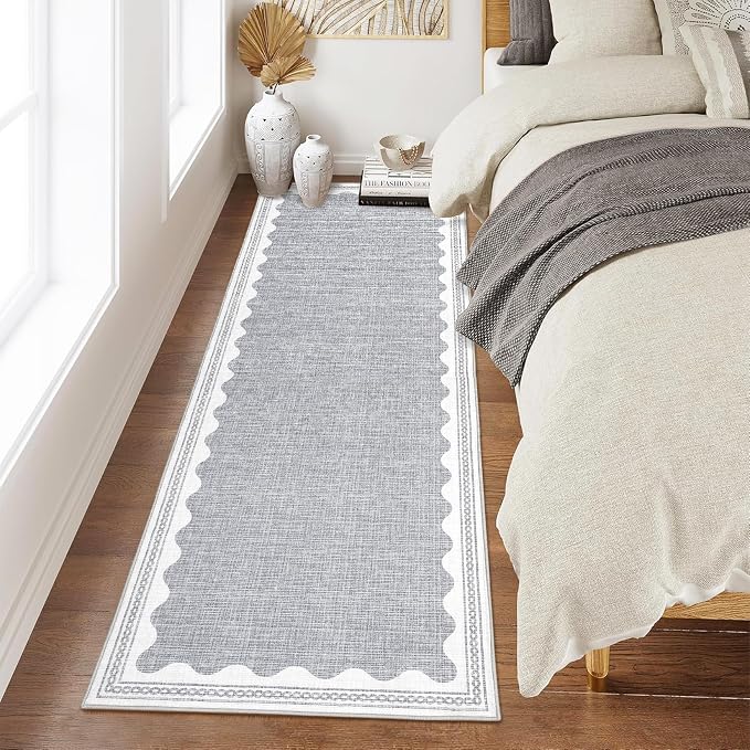 2x6 Scalloped Runners Grey Washable Hallways Bedroom Rug | Solid Non Slip Scalloped Bath Runner, Rugs for Bedroom Girls, Rugs for Kitchen Floor Soft Dorm Nursery Carpet for Bedside