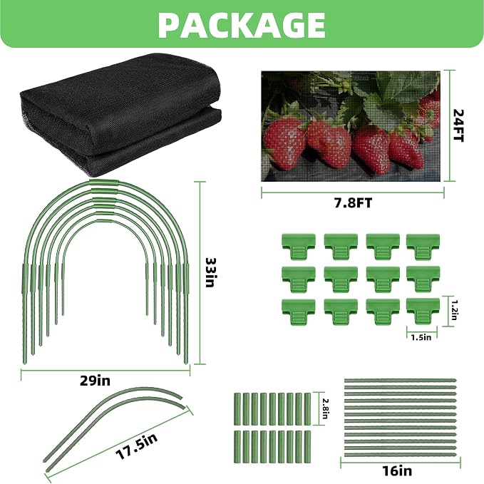 U0U Garden Mesh Netting Kit,7.8 x 24 Ft Plant Netting with Hoops,Bird Net for Garden with 6 Sets Garden Hoops & 18 Clips,Garden Net Bed Cover for Plants Birds Animals Protection (Black)
