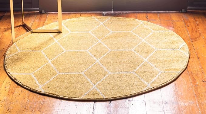Unique Loom Trellis Frieze Collection Area Rug - Geometric (7' Round, Yellow/ Ivory)