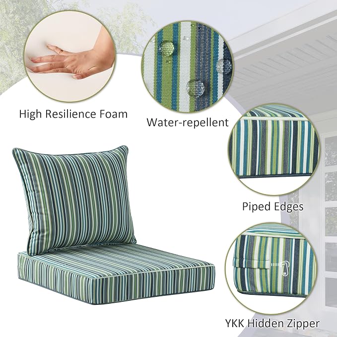 Unimatta Sunbrella Outdoor Patio Chair Cushions Set, 24" x 24", Set of 2, Water-Repellent, Fade Resistant, Deep Seat Cushion for Backyard, Couch, Sofa and Patio Furniture, Troupe Caribbean