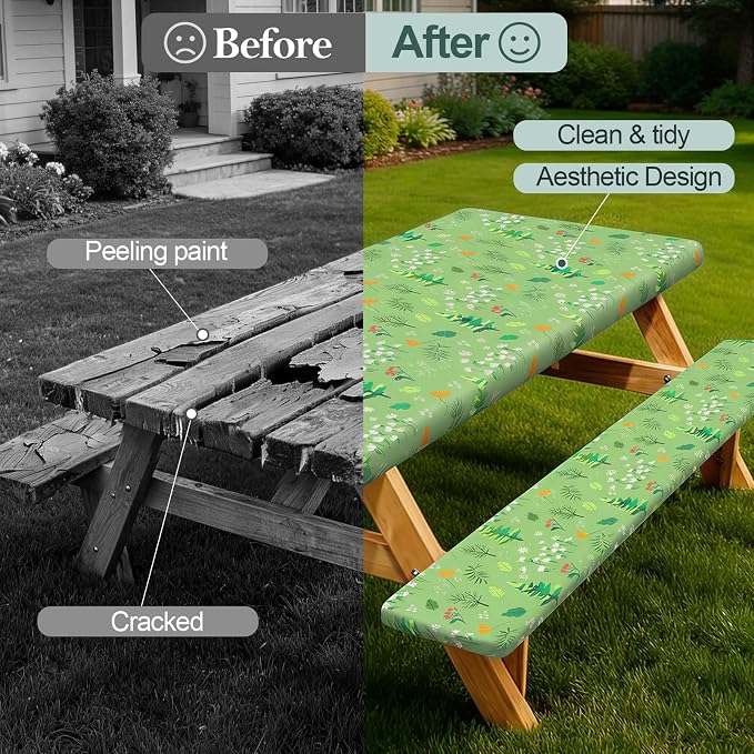 Picnic Table Cover with Bench Covers Camping Essentials Waterproof Windproof Camping Tablecloth with Drawstring Bag, Fitted Rectangle Tables and Seats, 60in, Grass Green