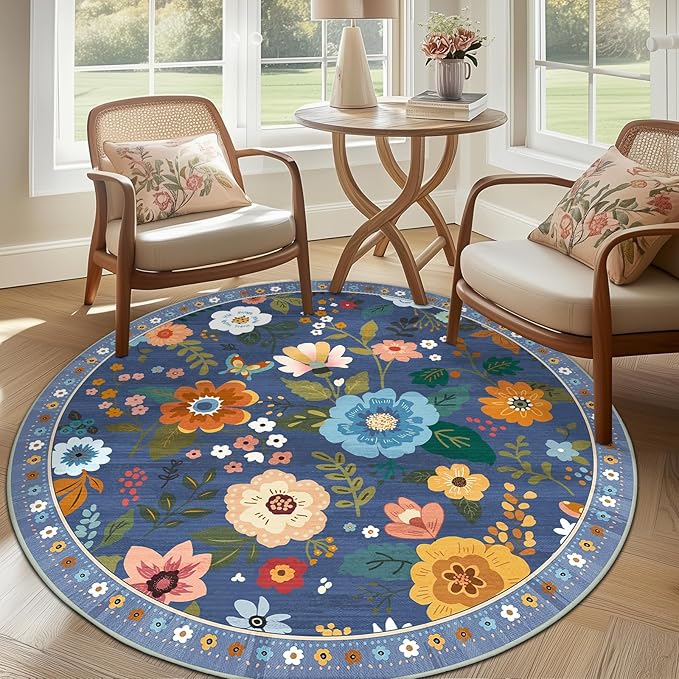 RELEANY Floral Washable Round 8ft Area Rug Blue/Grey | Flower Carpet, Print, Boho, Non-Slip, Easy to Clean, Soft, Low Pile for Living Room Bedroom Kitchen Office Entryway Hallway