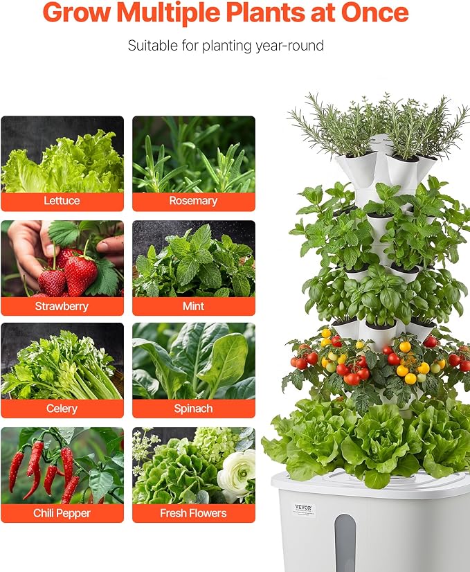 VEVOR Hydroponic Tower, 30 Pods 6 Tiers Hydroponics Growing System Kit with App Control, Vertical Home Garden with 20L Water Tank & Pump, Planter Germination Kit for Indoor Herbs, Fruits, Vegetables