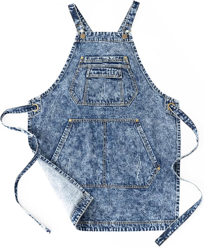 Jeanerlor - Cotton Denim Apron with Pockets for Men - Jean Apron for Hairstylis Cross Straps & Adjustable L to XXL (Denim Blue)