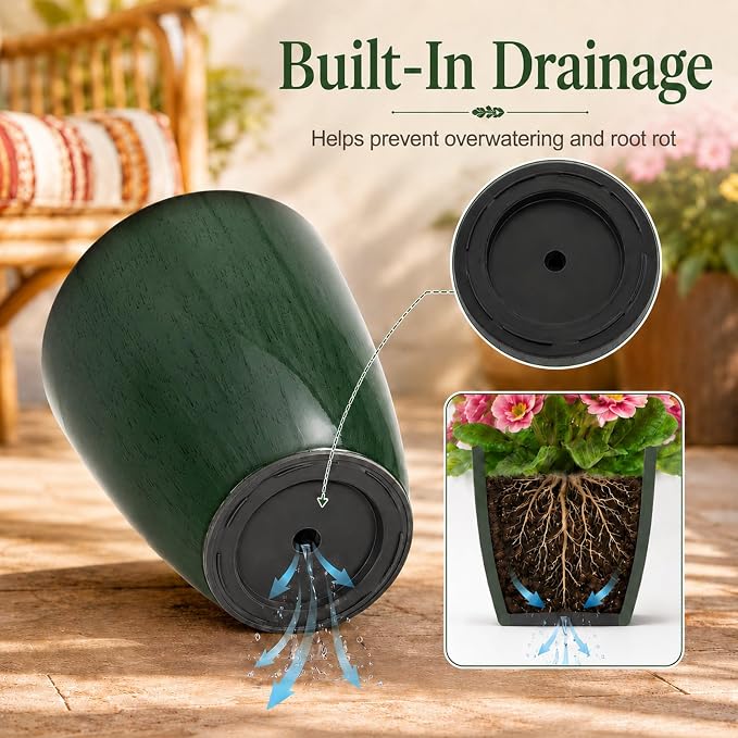 Neoaider Set of 3 Tall Planter, 24/21/12in Large Plastic Planter, DarkGreen | Ceramic-Look, Lightweight, Built-in Drain Hole, Saucers, Tall Outdoor Planter for Porch, Garden, Patio, Balcony